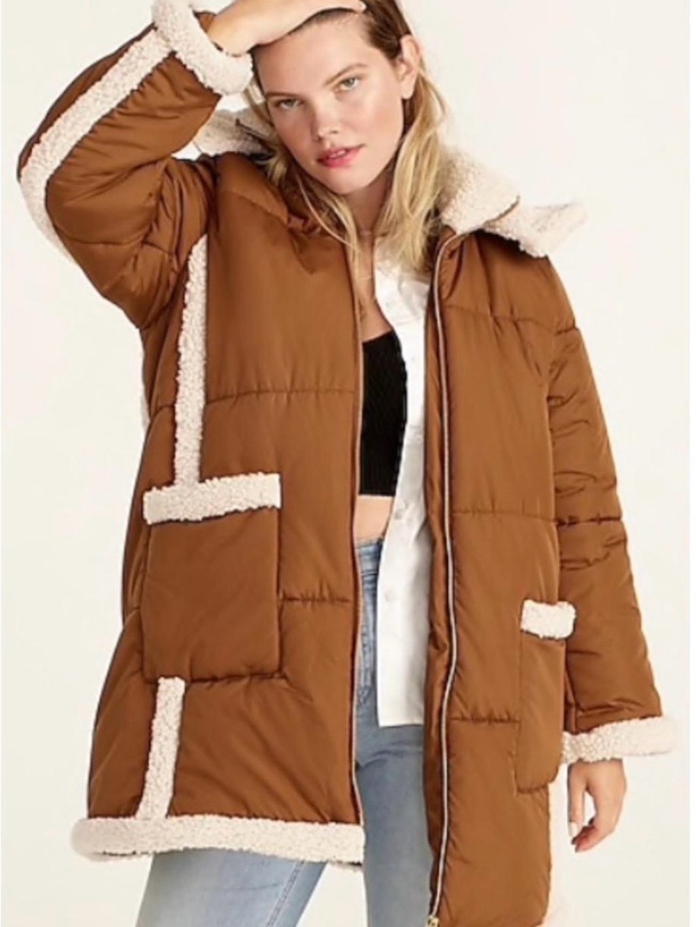 J. Crew Snowday Brown Puffer Coat with Cream Sherpa Trim size SP. Like new.